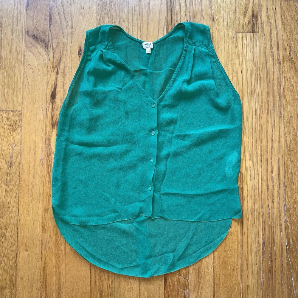 Aritzia‎ Wilfred Silk Tank Top XXS Kelly Green Sleeveless Shirt Sheer Button Up
